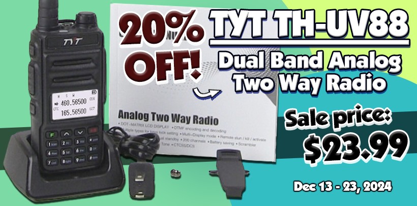 20% OFF a TYT TH-UV88 Dual Band Analog Two Way Radio!