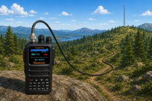 Wouxun-KG-935G Plus Connected to an Antenna Tower in the Distance